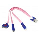 Кабель USB 3в1 Lightning,  30pin, micro USB,  1А,  0,15м,  ПВХ,  розовый,  плоский,  светящиеся разъемы REXANT