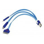 Кабель USB 3в1 Lightning,  30pin, micro USB,  1А,  0,15м,  ПВХ,  синий,  плоский,  светящиеся разъемы REXANT