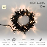 Гирлянда светодиодная Нить 10м 100 LED ТЕПЛЫЙ БЕЛЫЙ черный ПВХ IP65 постоянное свечение 230В соединяется NEON-NIGHT нужен шнур 303-500